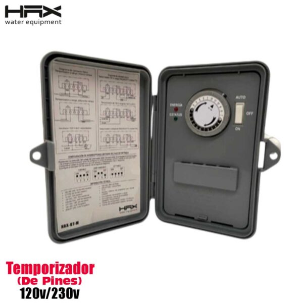 Temporizador de pines 120/240V con gabinete de plástico y switch de encendido